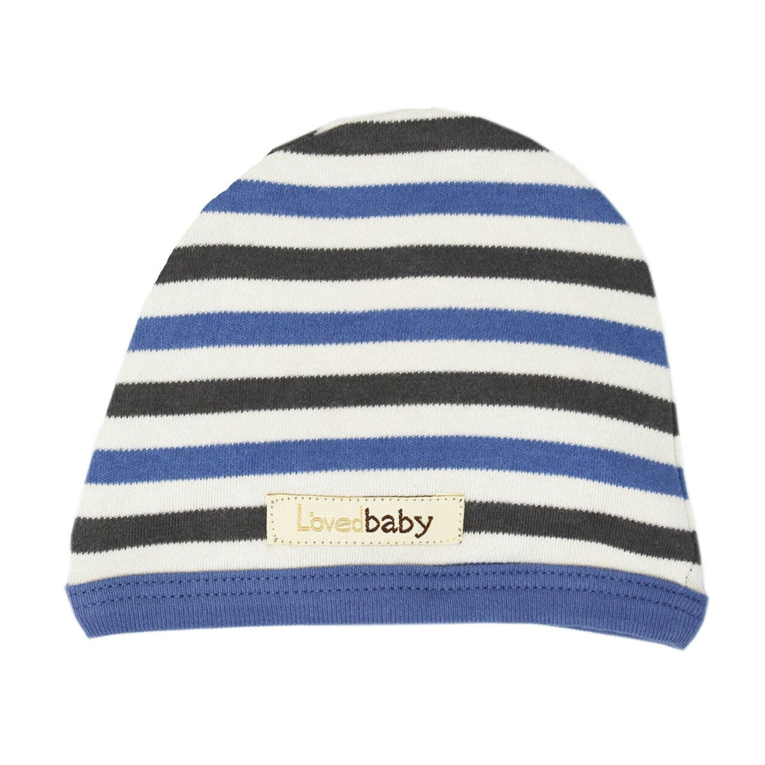 Organic Cute Cap in Slate Stripe, a blue, gray and off white stripe pattern .