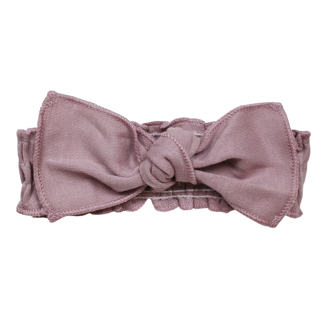 Organic Smocked Tie Headband in Lavender, a light purple color.