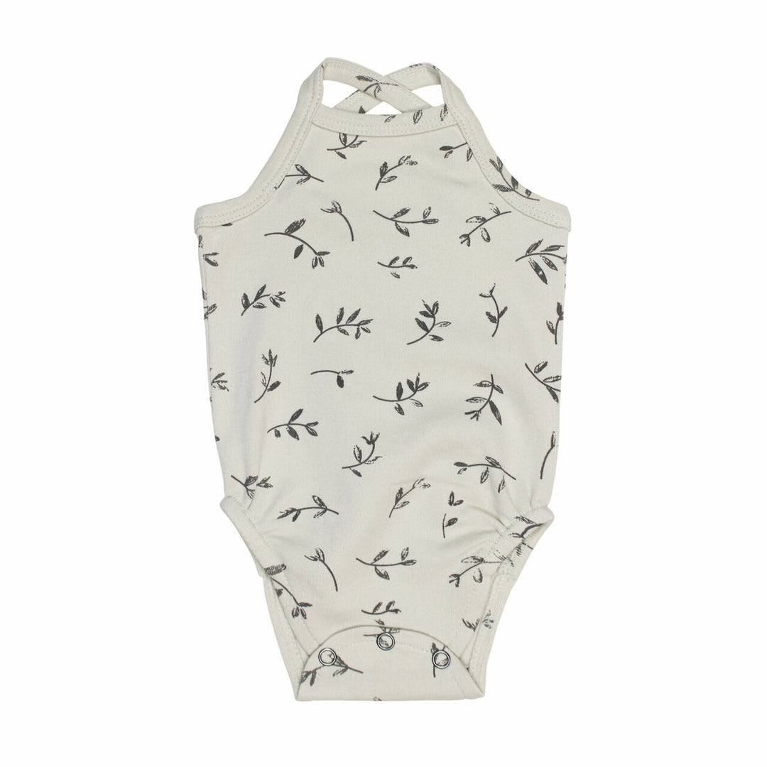 Printed Criss-Cross Bodysuit in Stone Flower, medium gray flower print on off white background.