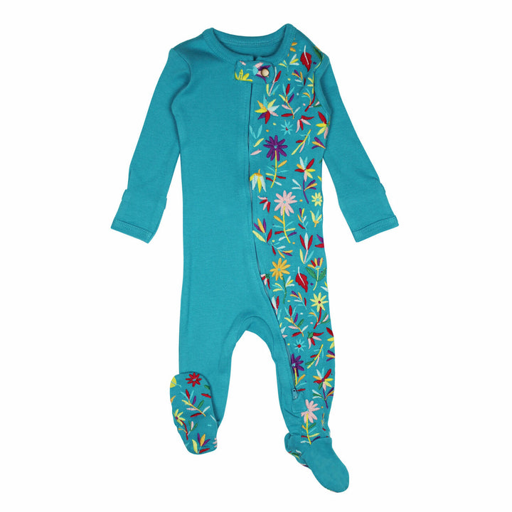 Embroidered Zipper Footie in Teal Floral, a greenish blue base fabric with multi colored embroiderred flowers.