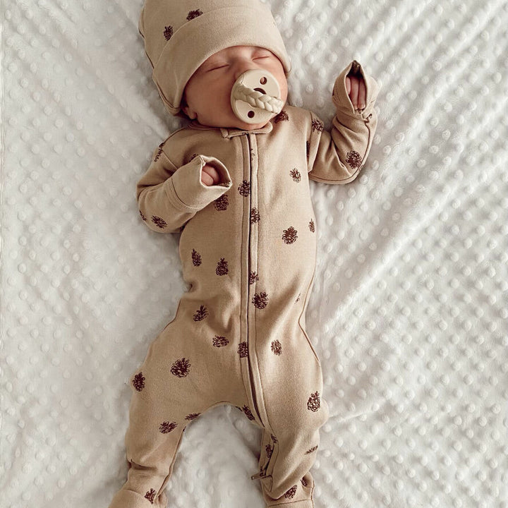 Organic Zipper Baby Footie, Print in Oatmeal Pinecone, Lifestyle