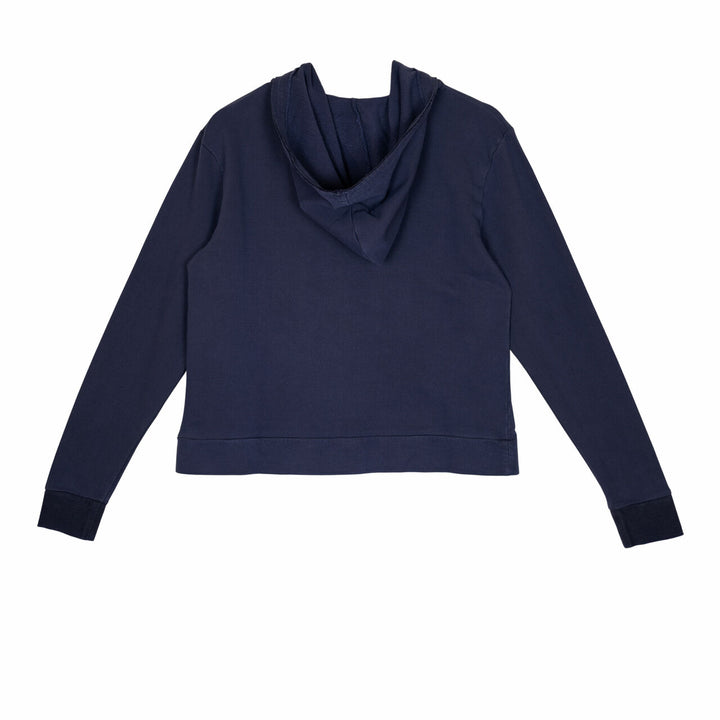 Back view of Women's French Terry Hooded Sweatshirt in Indigo.