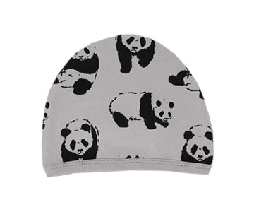 Organic Cute Cap in Light Gray Panda, a light gray fabric with black panda print.
