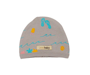 Organic Cute Cap in Light Gray Surf, a light gray fabric with surfing prints.