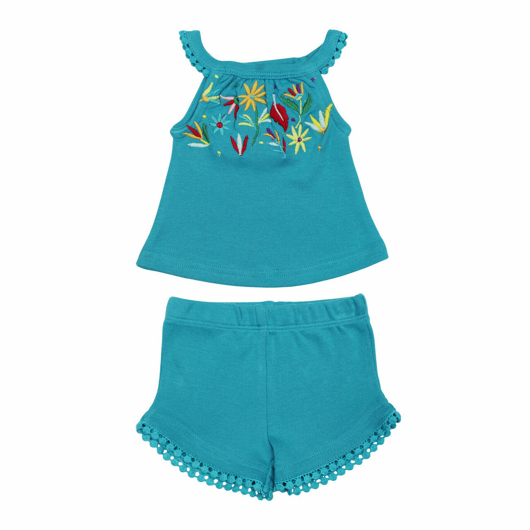 Embroidered Tank & Tap Short Set in Teal Floral, a greenish blue base fabric with multi colored embroiderred flowers.