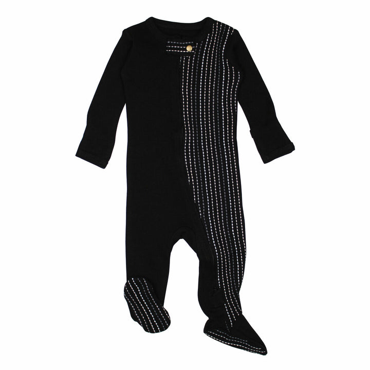 Embroidered Zipper Footie in Black Dash, an black base fabric with light to dark gray embroiderred dashes.