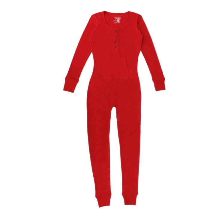 Organic Thermal Women's Onesie in Cherry, a bright red color.