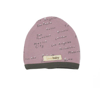 Organic Cute Cap in Lavender City Names, a light purple fabric with city names print.