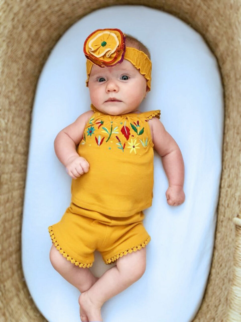 Child wearing Embroidered Tank & Tap Short Set in Tangerine Floral.