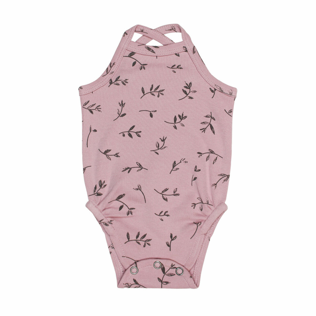 Printed Criss-Cross Bodysuit in Blossom Flower, medium gray flower print on pink background.