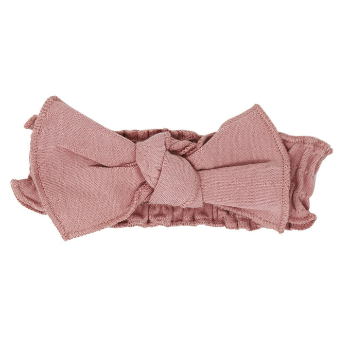 Organic Smocked Tie Headband in Mauve, a medium pink color.