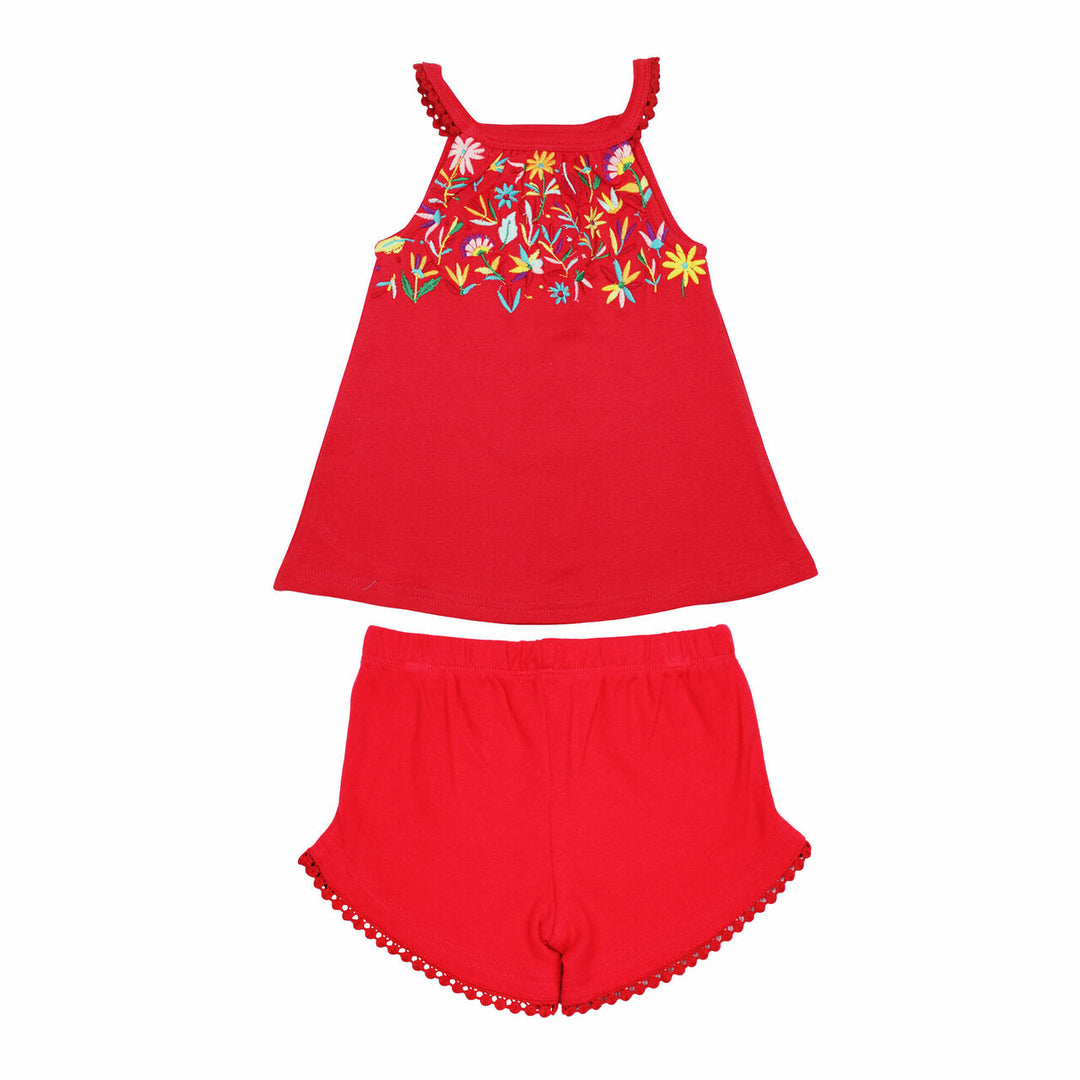 Kids' Embroidered Tank & Tap Short Set in Chili Pepper Floral, a red base fabric with multi colored embroiderred flowers.