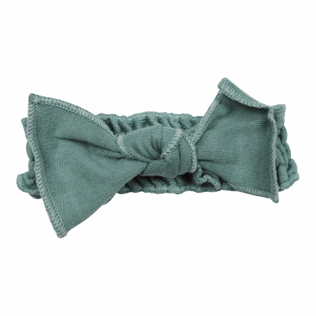 French Terry Smocked Headband in Jade, a blue green color.