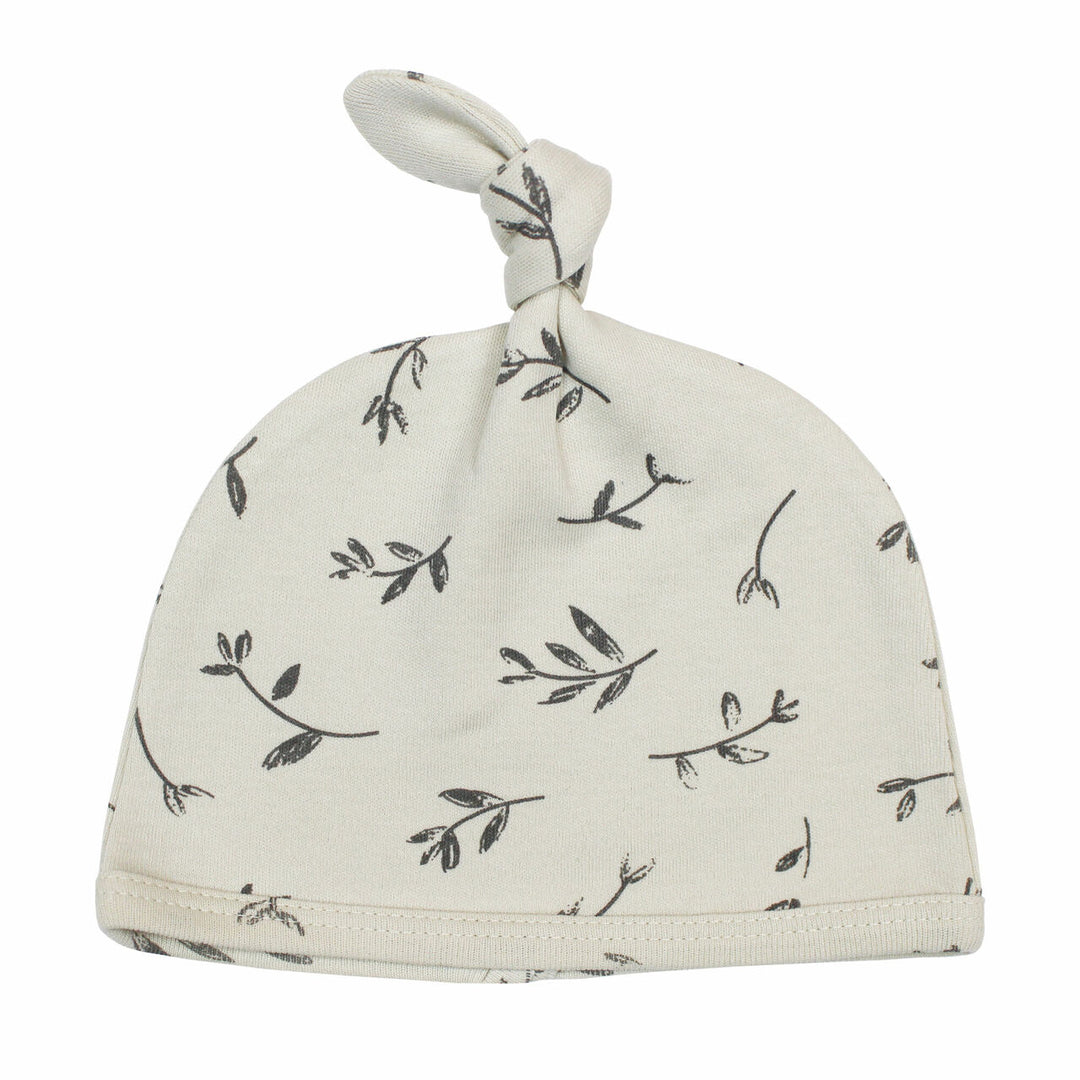 Printed Top-Knot Hat in Stone Flower, medium gray flower print on off white background.