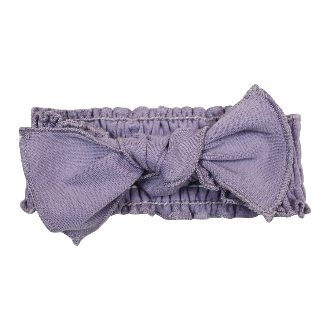 Organic Smocked Tie Headband in Amethyst, a soft purple color.