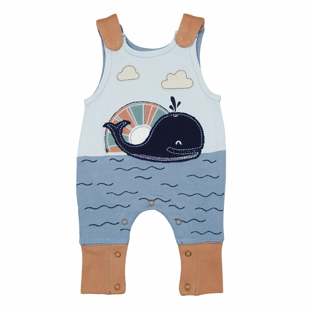 Kids' AppliquÃ© Harem Romper in Whale, a whale motif in blue and tan.