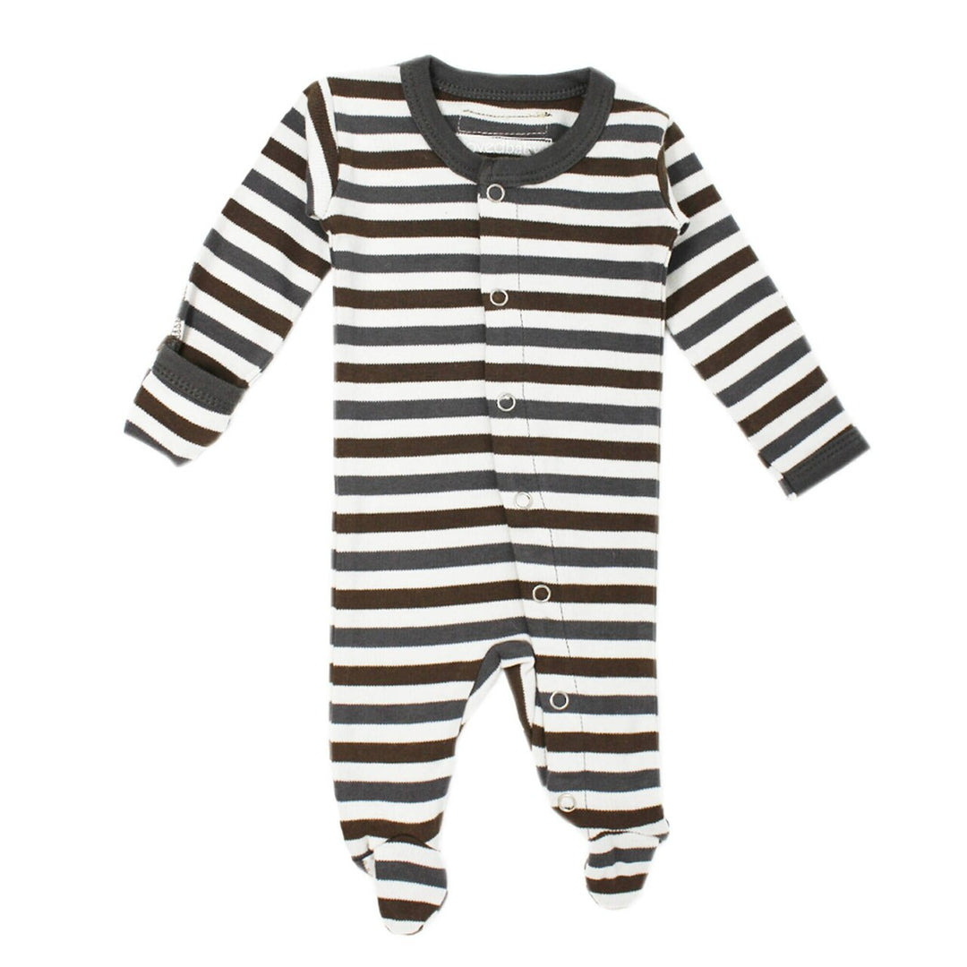 Organic Snap Footie in Gray Stripe, a gray and brown stripe pattern.