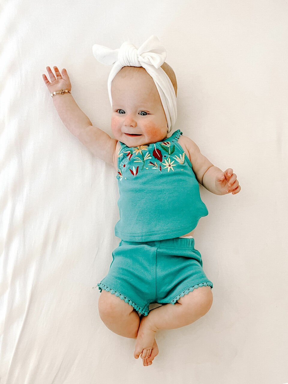 Child wearing Embroidered Tank & Tap Short Set in Teal Floral.