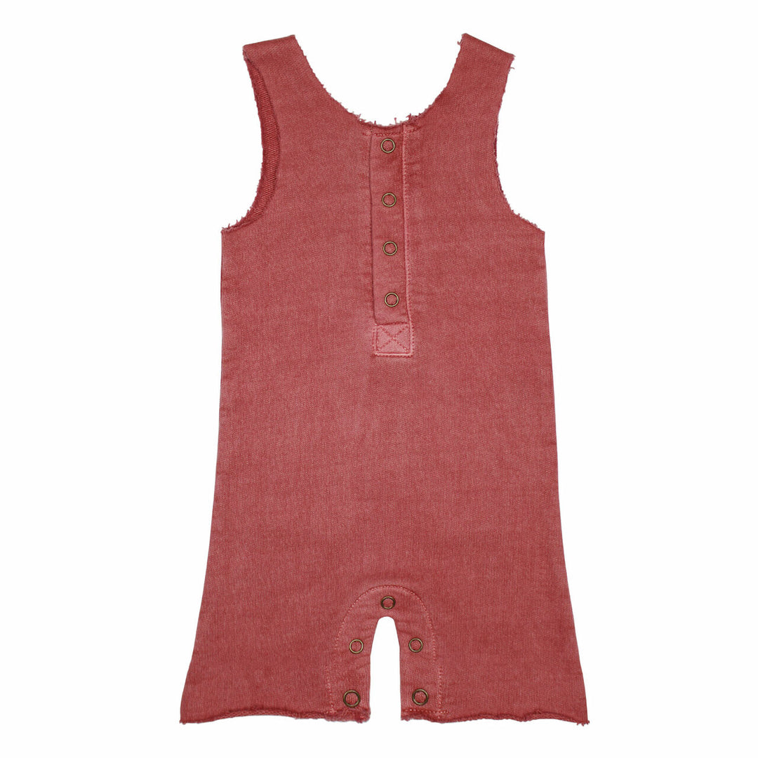 French Terry 2-Sided Romper in Sienna, a dark pink color.
