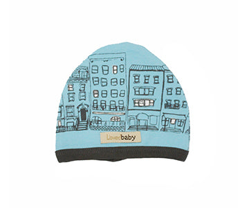 Organic Cute Cap in Aqua City Block, a blue fabric with brownstone print.