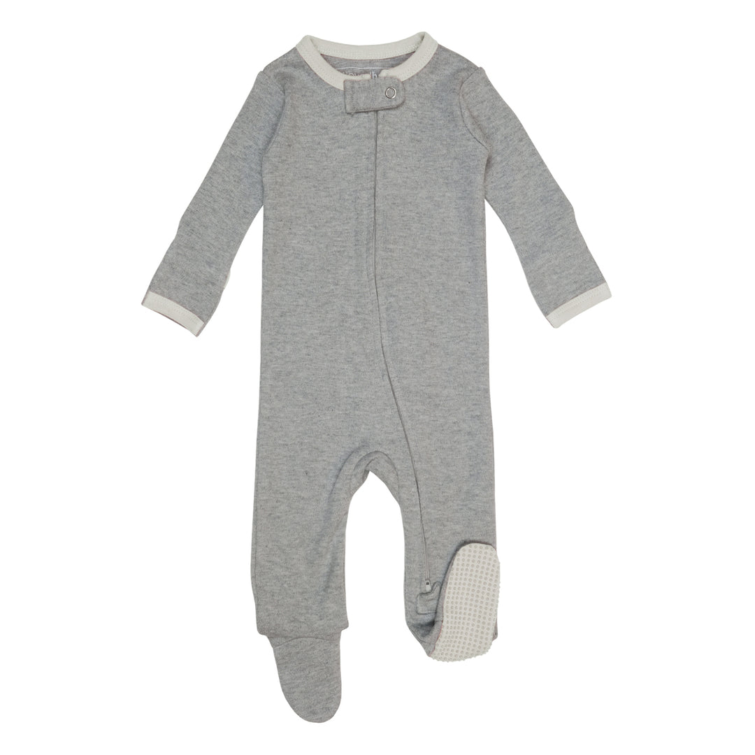 Organic Zipper Footie in Stone Heather, a heather gray fabric with off white trims.