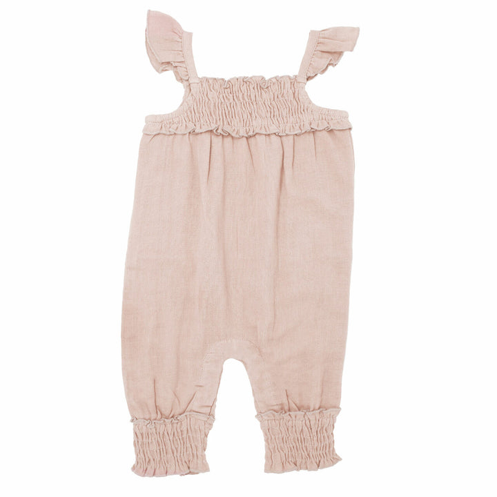 Organic Kids' Muslin Sleeveless Romper in Rosewater, a light pink color .