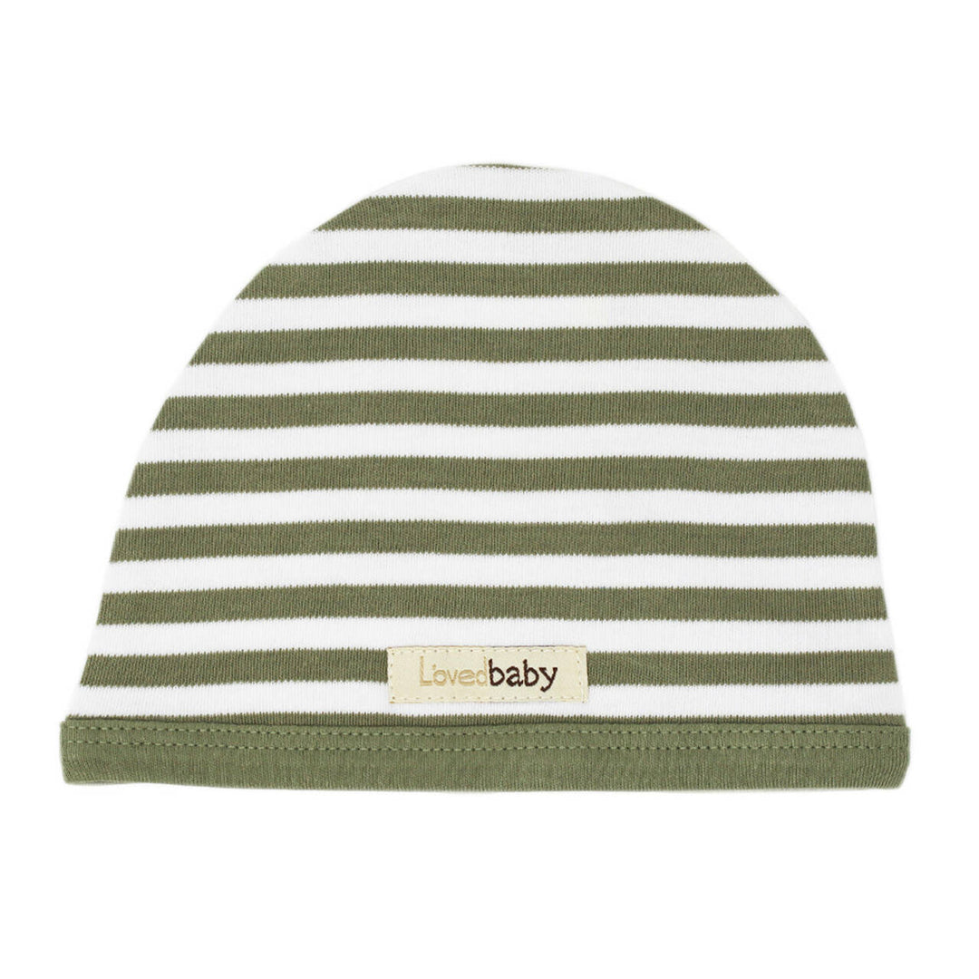 Organic Cute Cap in Sage/White, a medium green and white stripe pattern.