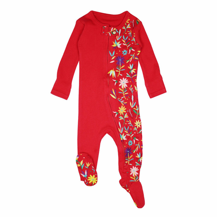 Embroidered Zipper Footie in Chili Pepper Floral, a red base fabric with multi colored embroiderred flowers.