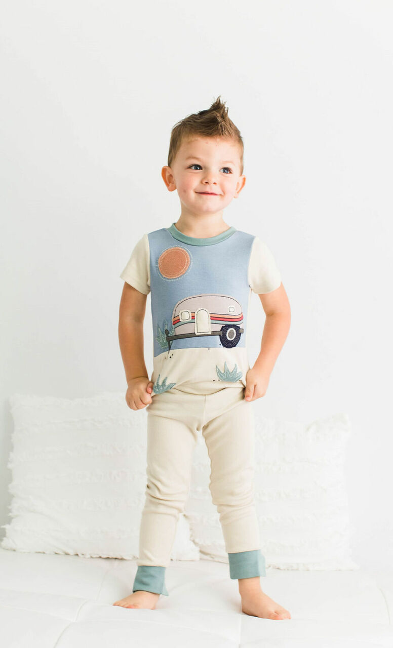 Child wearing Kids' AppliquÃ© Short Sleeve PJ Set in Camper.