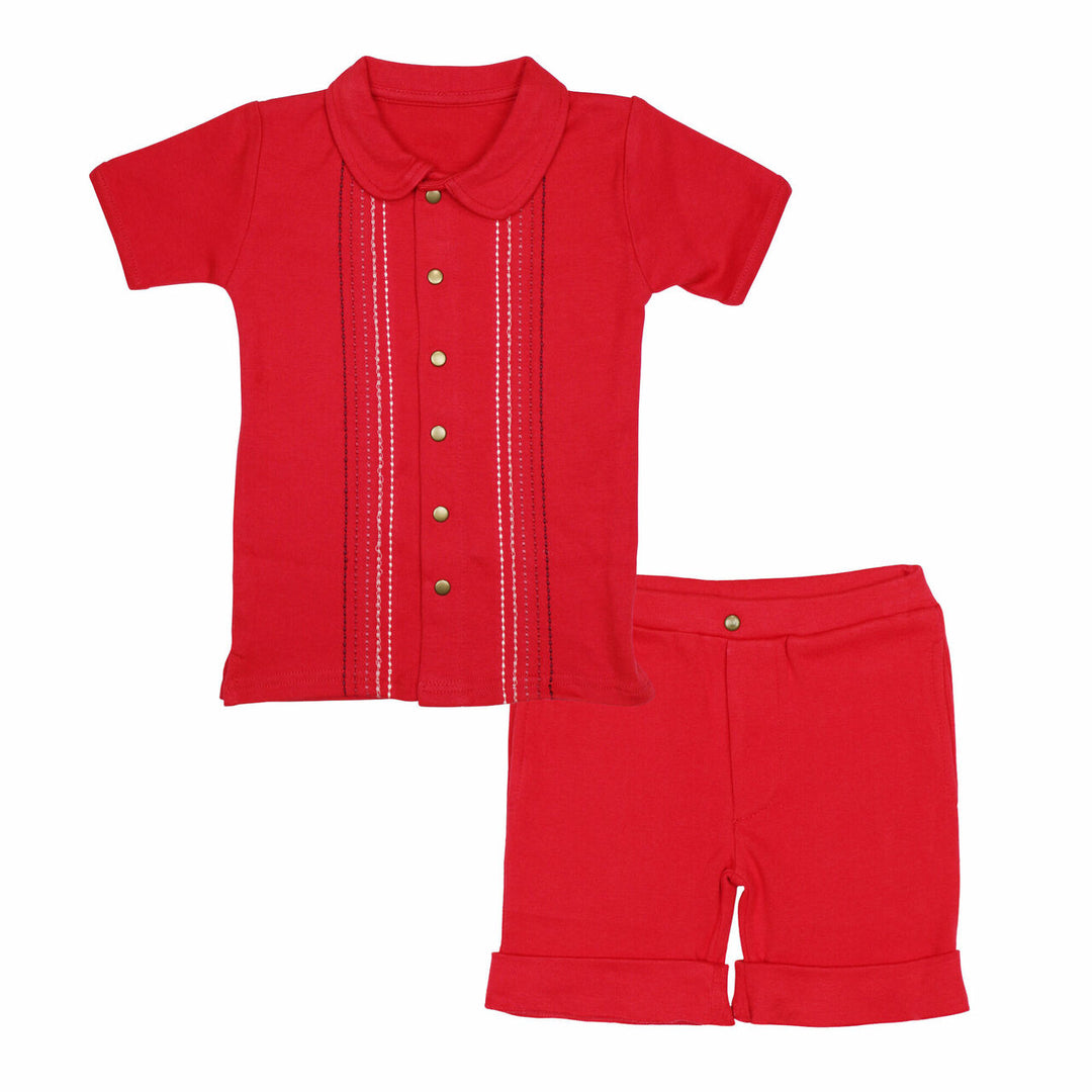 Kids' Embroidered Shirt & Shorts Set in Chili Pepper Dash, an red base fabric with light to dark red embroiderred dashes.