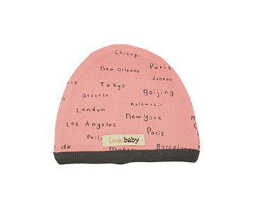 Organic Cute Cap in Coral City Names, a coral fabric with city names print.