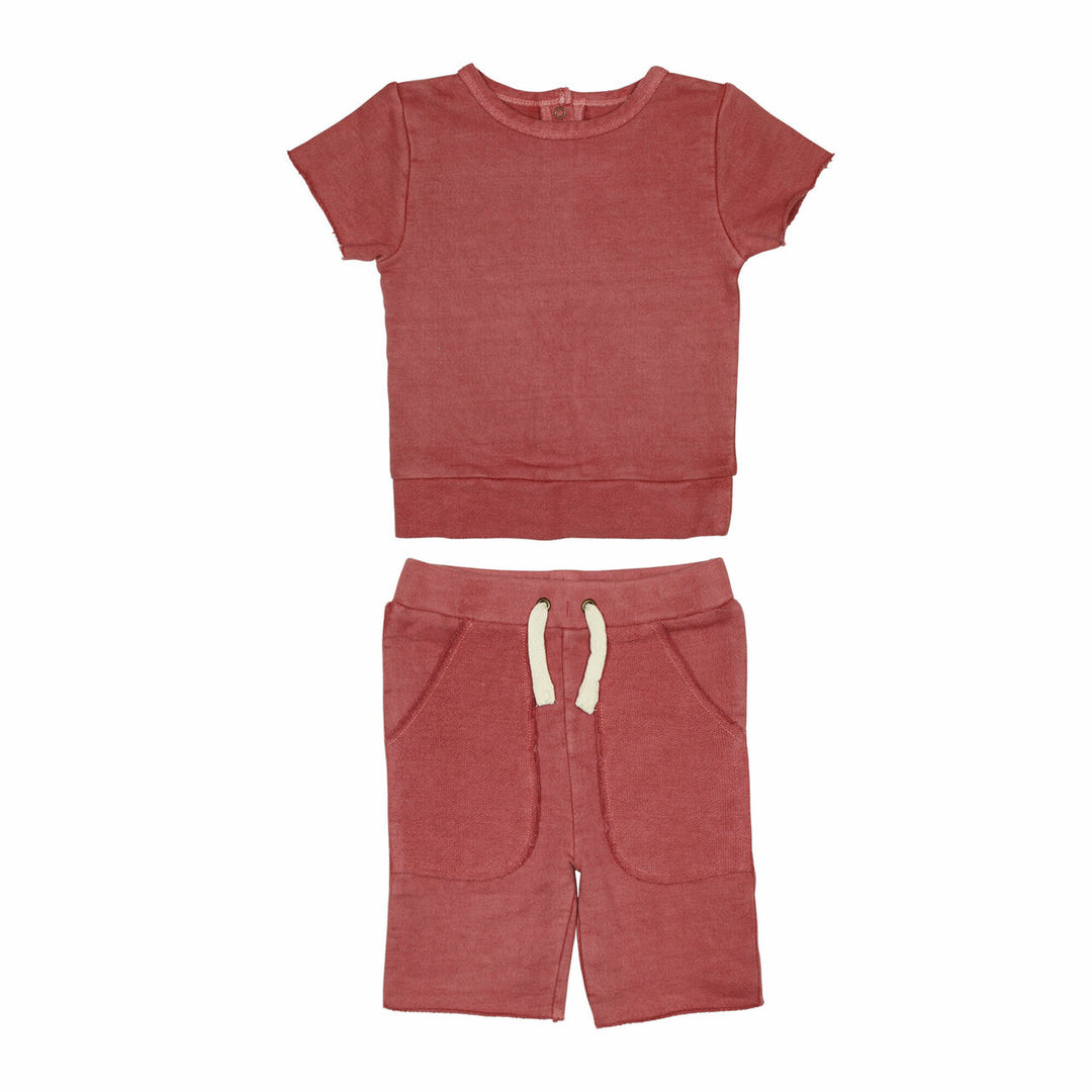 Kids' French Terry Shorts & Tee Set in Sienna, a dark pink color.