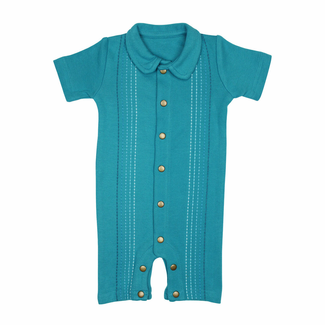 Embroidered S/Sleeve Romper in Teal Dash, a greenish blue base fabric with light to dark blue embroiderred dashes.