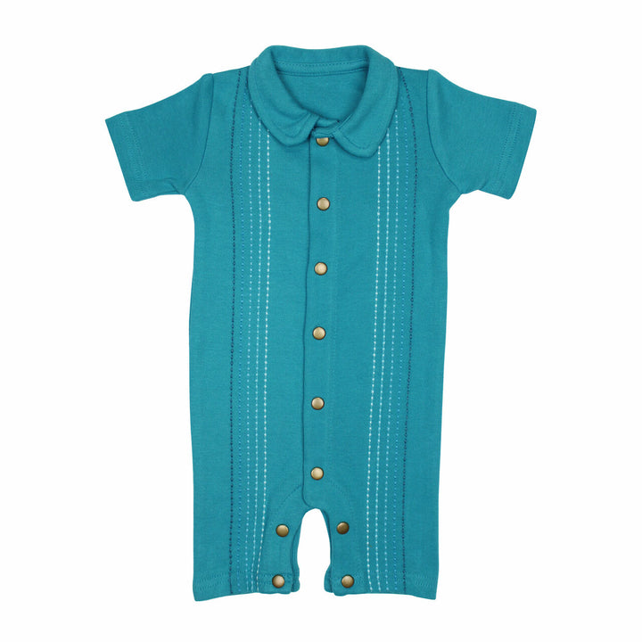 Embroidered S/Sleeve Romper in Teal Dash, a greenish blue base fabric with light to dark blue embroiderred dashes.