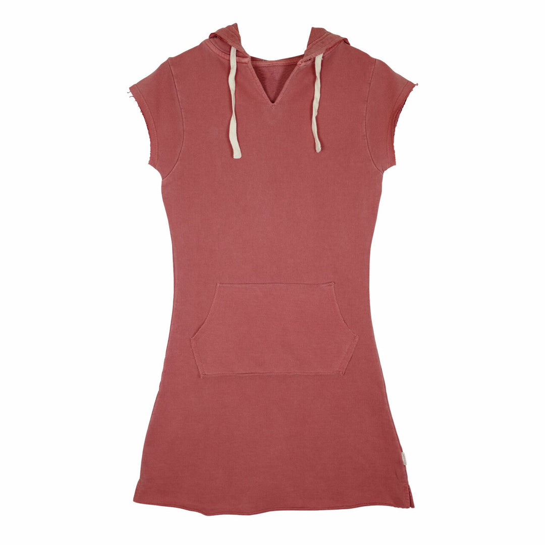 Womens' French Terry Hoodie Dress in Sienna, a dark pink color.