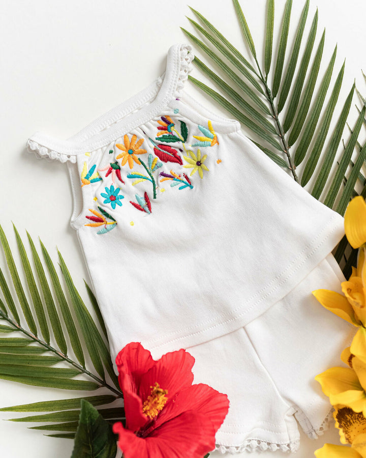 Child wearing Kids' Embroidered Tank & Tap Short Set in White Floral.