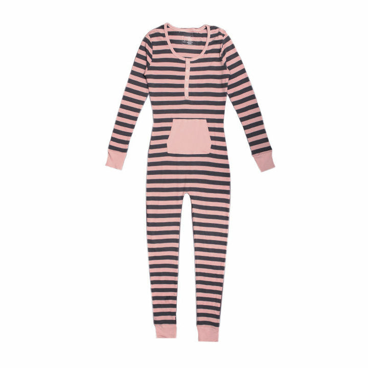 Organic Women's Onesie in Mauve/Gray Stripe, a pink and gray stripe pattern.