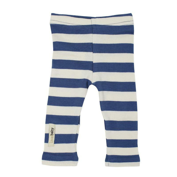 Organic Leggings in Slate/Beige Stripe, a blue and beige stripe pattern.