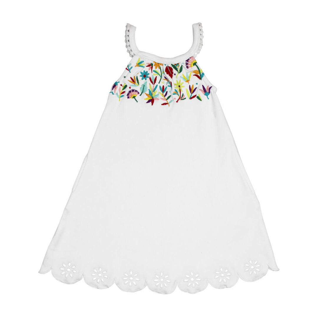 Kids' Embroidered Twirl Dress w/Pockets in White Floral, a white base fabric with multi colored embroiderred flowers.