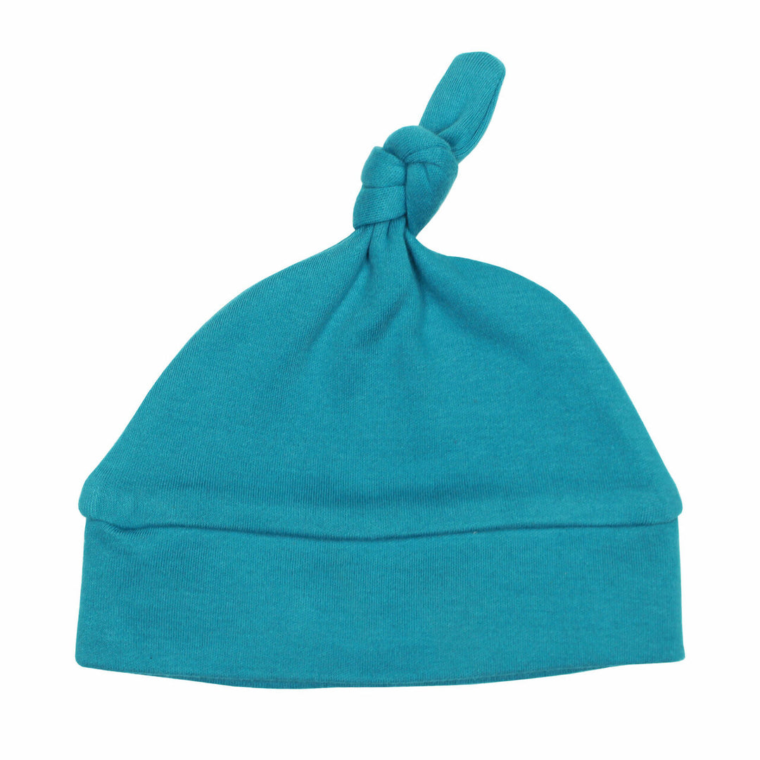 Organic Banded Top-Knot Hat in Teal, a greenish blue color.