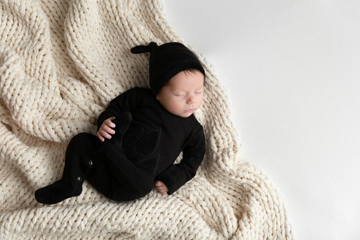 Velveteen Graphic Baby Footie in Black, Lifestyle