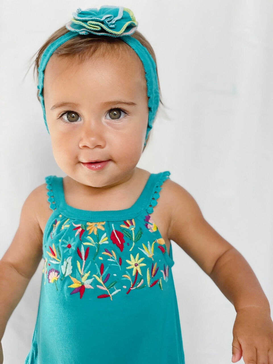 Child wearing Embroidered Twirl Dress w/Pockets in Teal Floral.