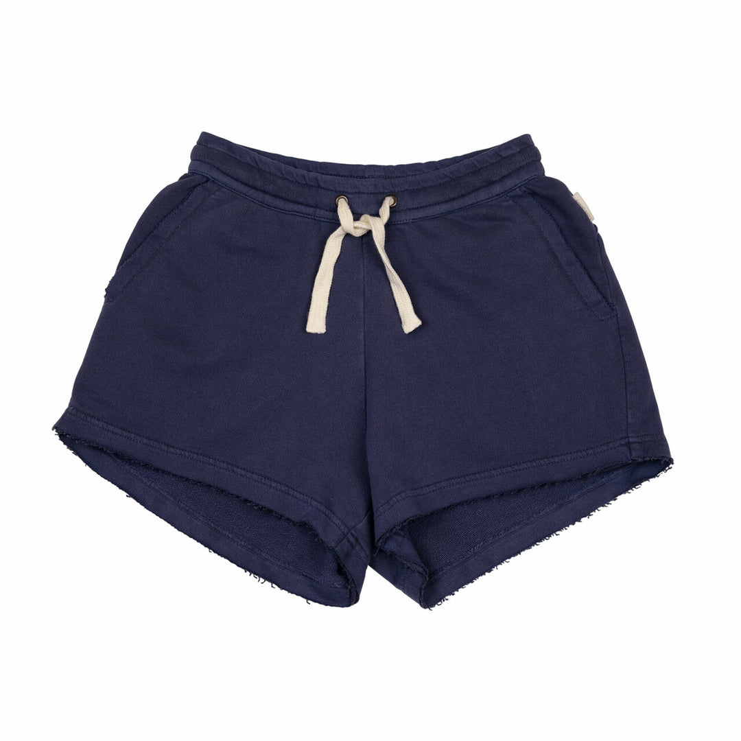 Women's French Terry Shorts in Indigo, a dark blue color.