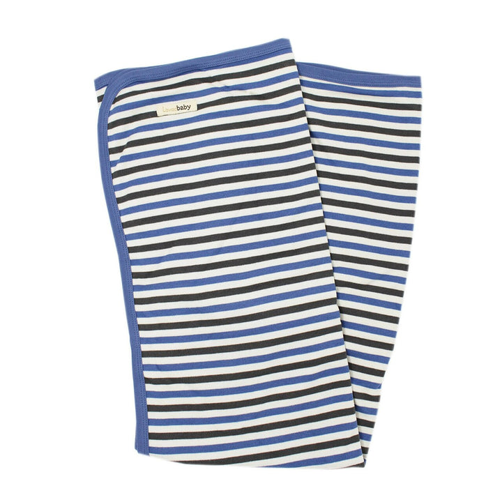 Organic Swaddling Blanket in Slate Stripe, a blue, gray and off white stripe pattern .
