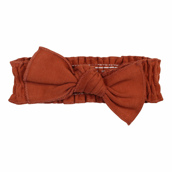 Organic Smocked Tie Headband in Cinnamon, Flat