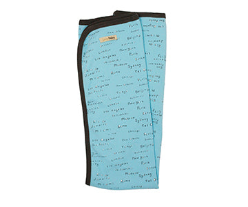 Organic Swaddling Blanket in Aqua City Names, a blue fabric with city names print.