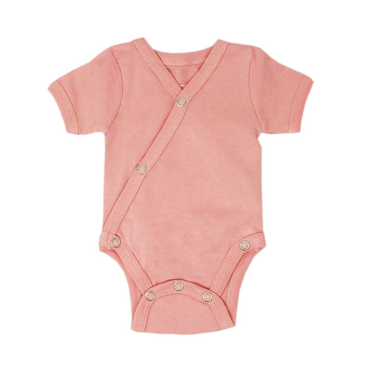 Organic Short-Sleeve Kimono Bodysuit in Coral, a salmon pink color.