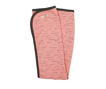 Organic Swaddling Blanket in Coral City Names, a coral fabric with city names print.