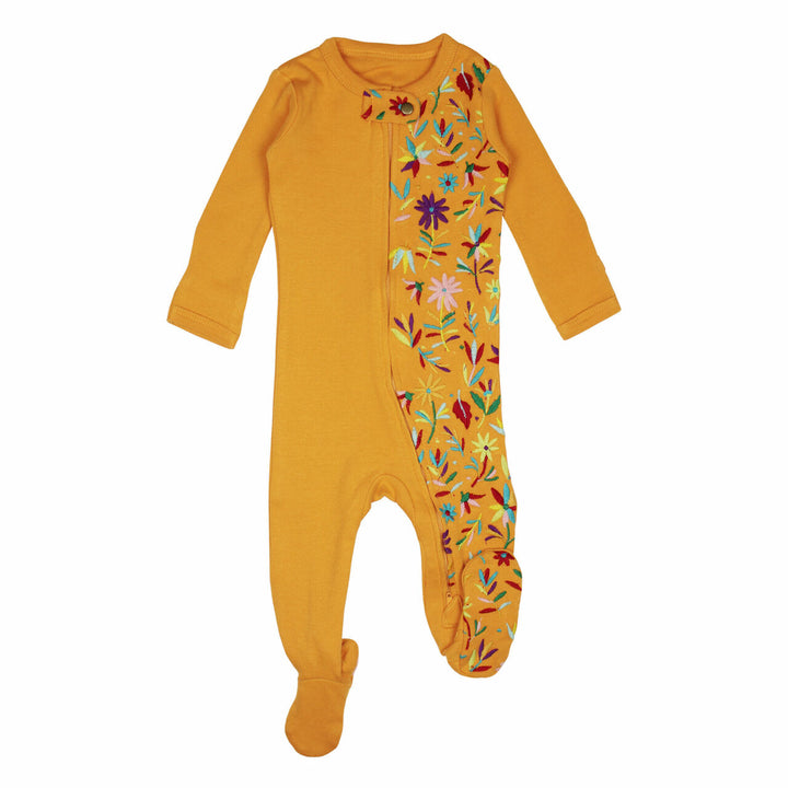 Embroidered Zipper Footie in Tangerine Floral, an orange base fabric with multi colored embroiderred flowers.