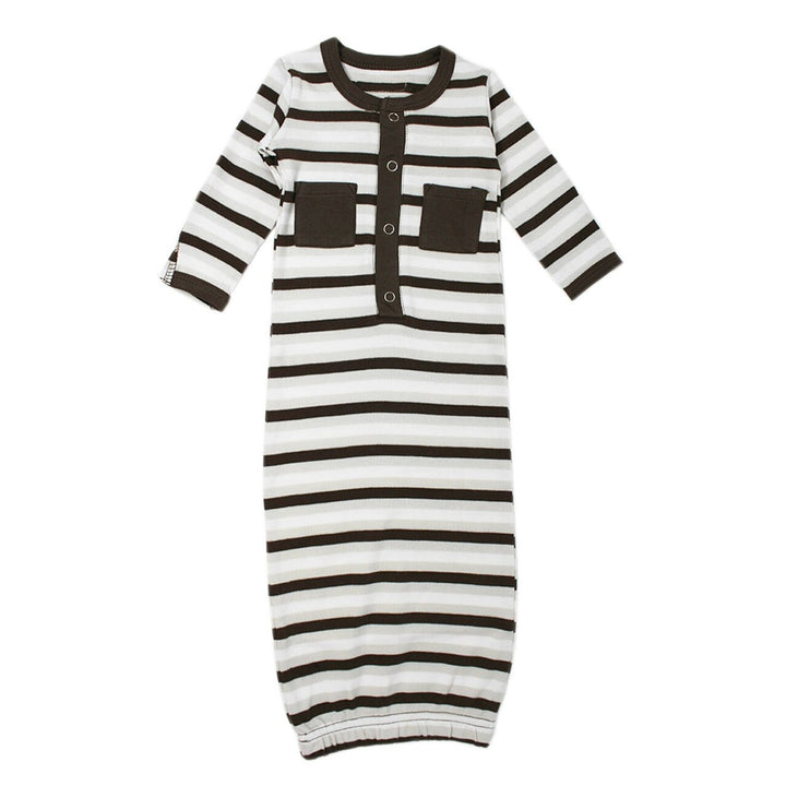 Organic Gown in Bark Stripe, a white, brown and off white stripe pattern .